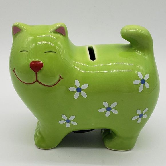 Lime Green Cat Shaped Applied White Blue Flowers Ceramic Piggy Bank with Stopper - Picture 4 of 13